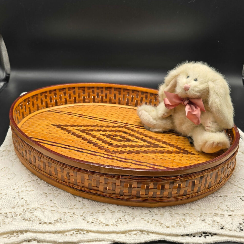 Vintage Bamboo woven Rattan Basket Oval Tray beautiful
